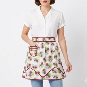 VTG MCM Multicolor Floral Abstarct Plaid Burgundy Detail Cotton Hostess Apron